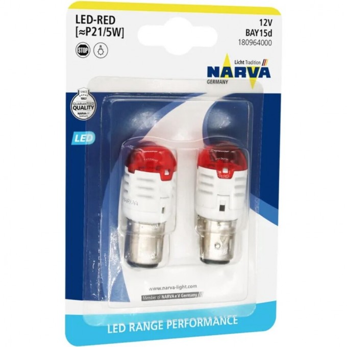 Лампа NARVA P21-5 LED 12V 0.8W/1.75W BAY15d B2 red 2шт. 81069267