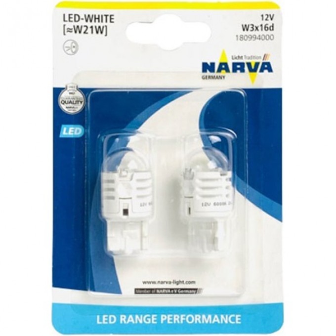 Лампа NARVA RANGE PERFORMANCE LED 12V W21W 1.75W W3x16d 2шт. 78955132