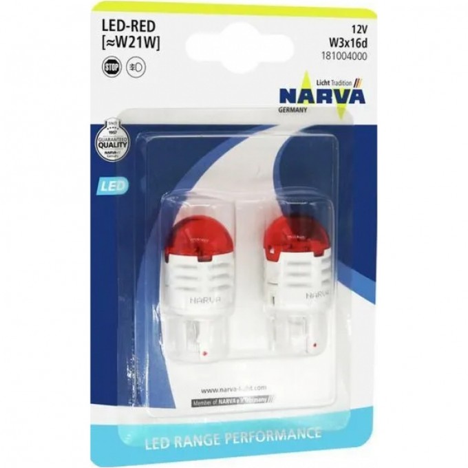 Лампа NARVA RANGE PERFORMANCE LED W21 12V 1.75W W3 B2 16d red 2шт. 68080328