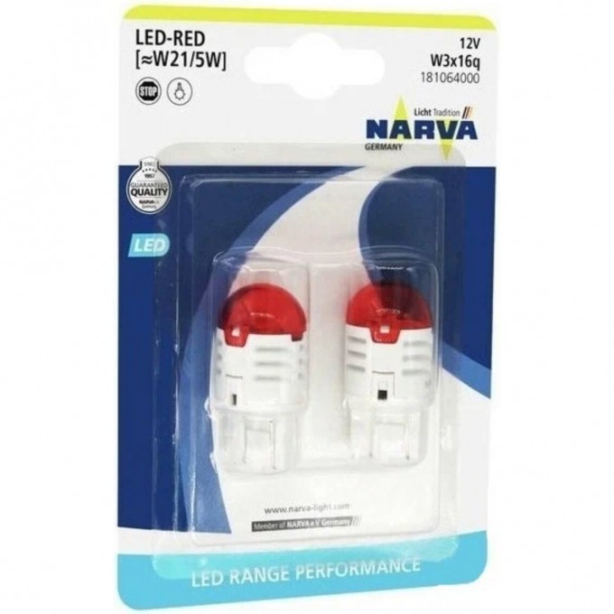 Лампа NARVA RANGE PERFORMANCE LED W21/5 0.8W/1.75W W3 16 B2 12V red 2шт. 68077504