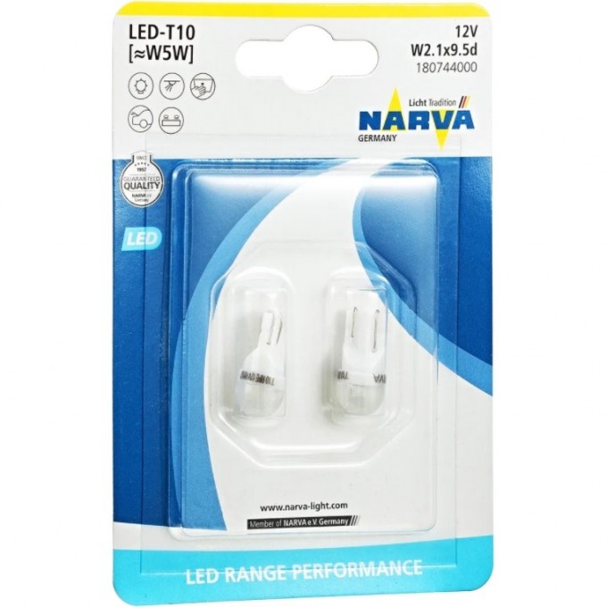 Лампа NARVA RANGE PERFORMANCE LED W5W T10 6500K 2шт. 43529280