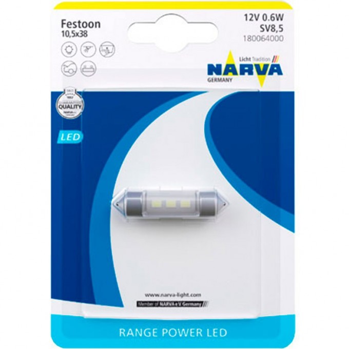 Лампа NARVA RANGE POWER LED 12V C5W SV8.5-8 6000K 38мм двухцокольная 78957383